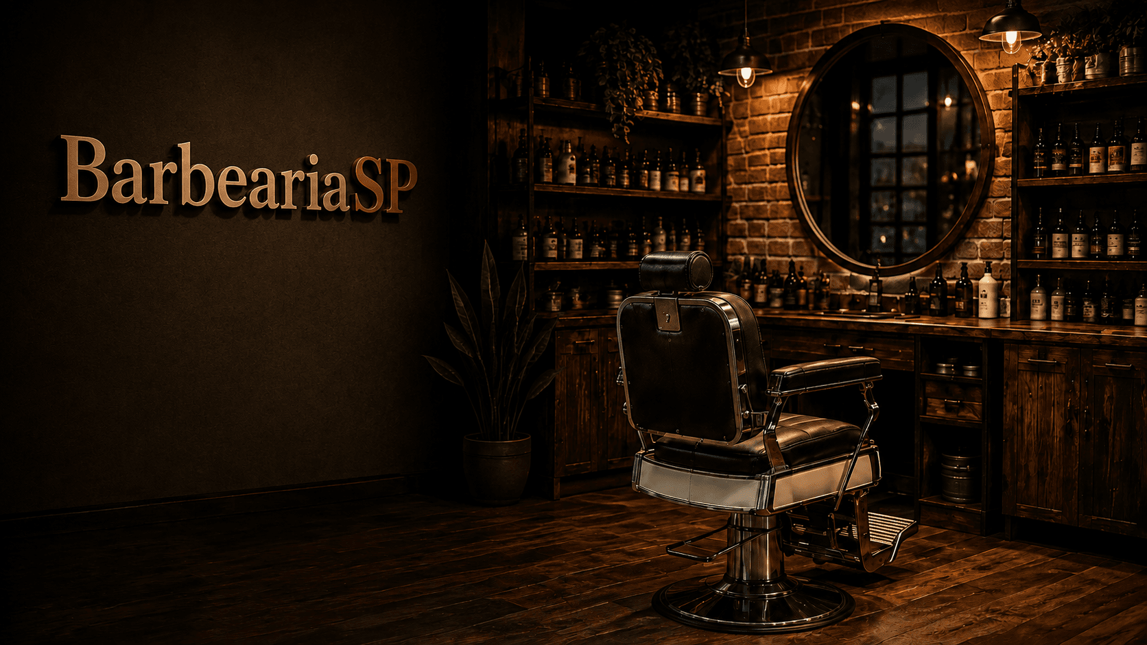 Interior acolhedor de uma barbearia com a marca BarbeariaSP na parede