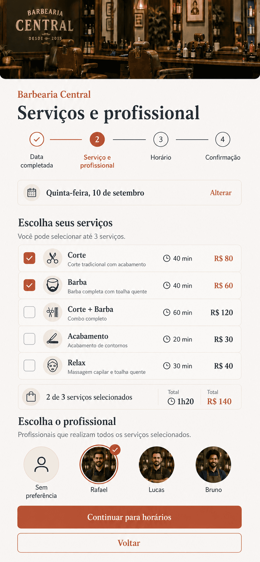 Exemplo da seleção de serviços e profissional no agendamento