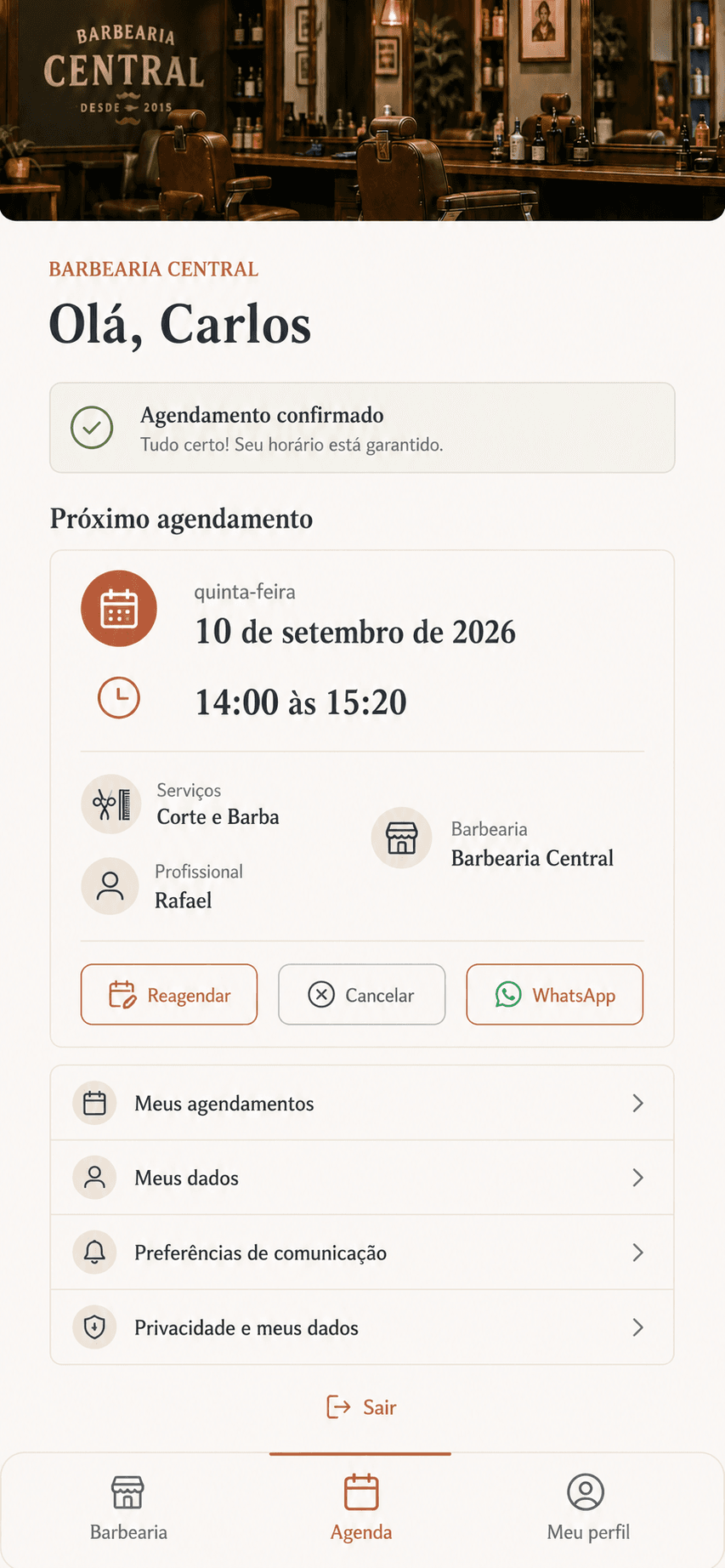 Exemplo da área do cliente com próximo agendamento