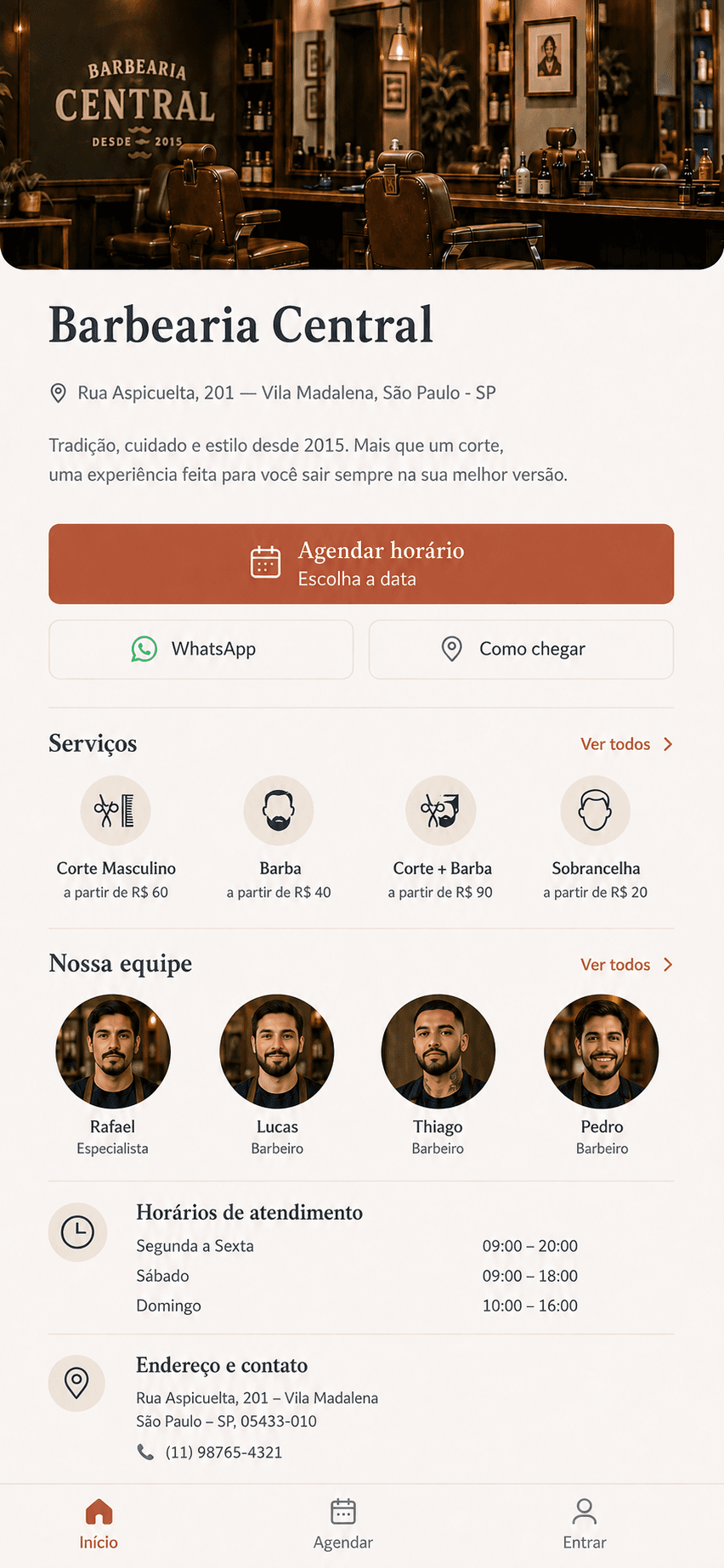 Exemplo da página pública de uma barbearia no BarbeariaSP